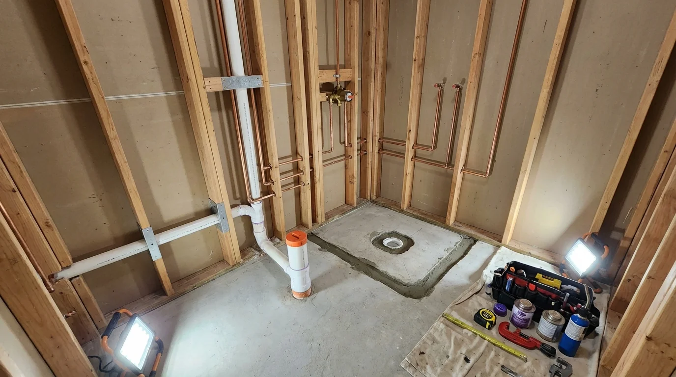 Bathroom rough-in plumbing during remodel by Johns Plumbing LLC in Harrogate