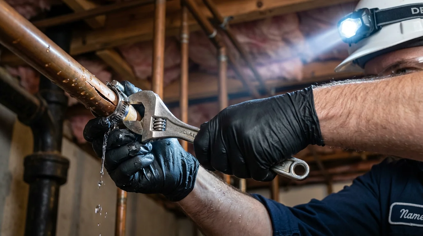 Emergency pipe clamp repair being performed by a Johns Plumbing LLC plumber in Harrogate