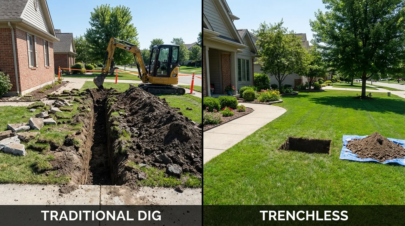 Trenchless sewer repair with minimal yard damage versus traditional excavation in Harrogate, TN