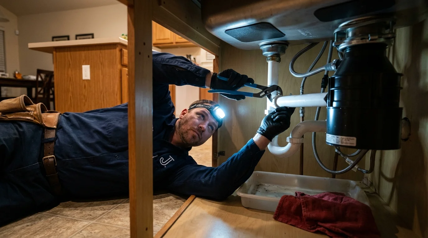 P-trap and supply line connections under a kitchen sink showing a common leak point in Harrogate, TN
